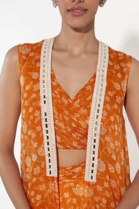 Buy_Essay By Sumedha Agrawal_Orange Organza Sequins, Beads V-neck Lotus Vine Print Palazzo Set _Online_at_Aza_Fashions