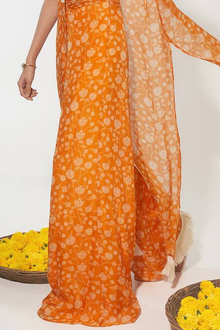 Shop_Essay By Sumedha Agrawal_Orange Organza Sequins, Beads V-neck Lotus Vine Print Palazzo Set _Online_at_Aza_Fashions