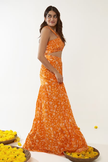 Essay By Sumedha Agrawal_Orange Crepe V-neck Lotus Vine Print Blouse And Skirt Set _Online_at_Aza_Fashions