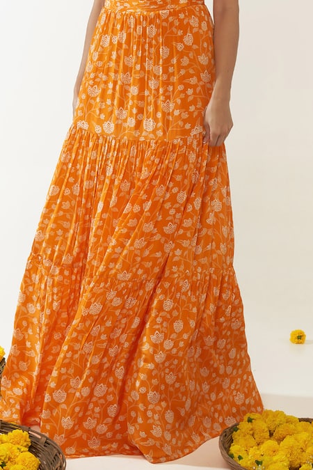 Buy_Essay By Sumedha Agrawal_Orange Crepe V-neck Lotus Vine Print Blouse And Skirt Set _Online_at_Aza_Fashions