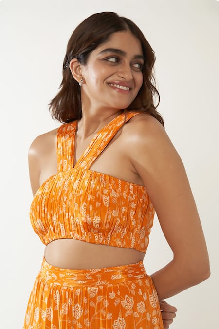 Shop_Essay By Sumedha Agrawal_Orange Crepe V-neck Lotus Vine Print Blouse And Skirt Set _Online_at_Aza_Fashions