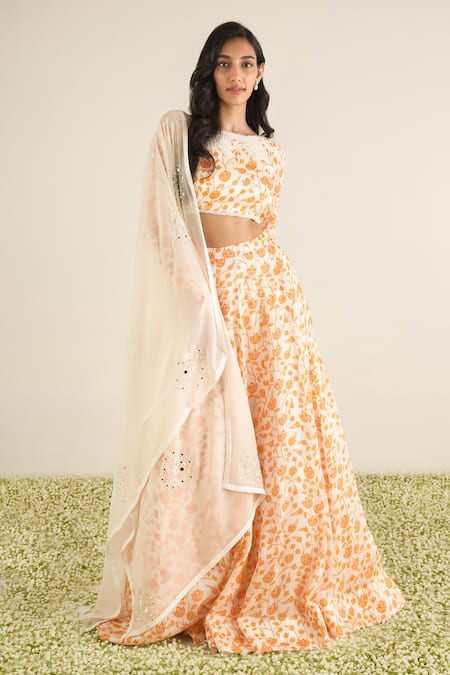 Essay by Sumedha Agrawal Off White Organza Satin Printed And Hand Embroidered Lotus Vine Flared Lehenga Set