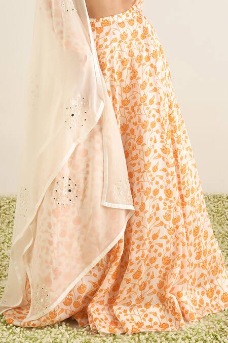 Essay By Sumedha Agrawal Off White Organza Pearls, Mirrors Boat Neck Flared Lotus Vine Print Lehenga Set Online at Aza Fashions Essay By Sumedha Agrawal_Off White Organza Pearls, Mirrors Boat Neck Flared Lotus Vine Print Lehenga Set _Online_at_Aza_Fashions