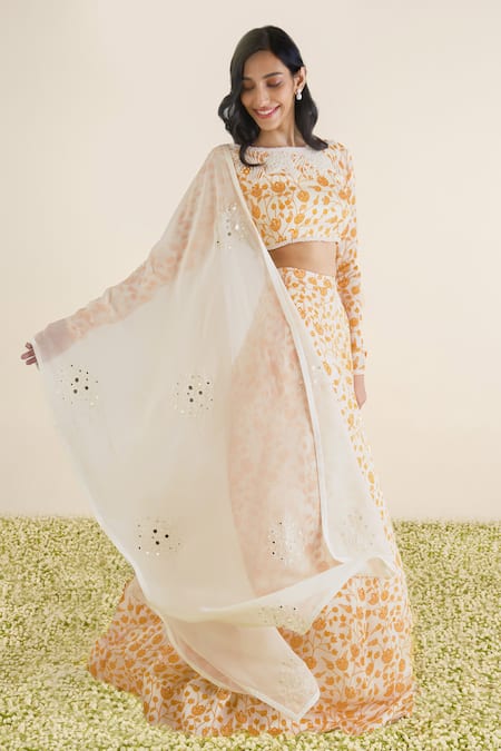 Buy Essay By Sumedha Agrawal Off White Organza Pearls, Mirrors Boat Neck Flared Lotus Vine Print Lehenga Set Online at Aza Fashions Buy_Essay By Sumedha Agrawal_Off White Organza Pearls, Mirrors Boat Neck Flared Lotus Vine Print Lehenga Set _Online_at_Aza_Fashions