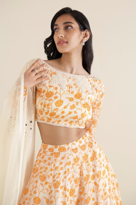 Shop Essay By Sumedha Agrawal Off White Organza Pearls, Mirrors Boat Neck Flared Lotus Vine Print Lehenga Set Online at Aza Fashions Shop_Essay By Sumedha Agrawal_Off White Organza Pearls, Mirrors Boat Neck Flared Lotus Vine Print Lehenga Set _Online_at_Aza_Fashions