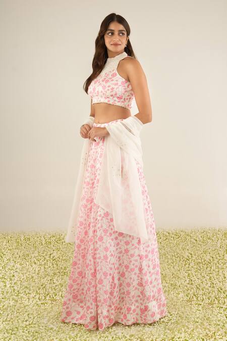 Essay By Sumedha Agrawal_White Organza Pearls, Mirrors, Beads High Lotus Vine Print Blouse Lehenga Set _Online_at_Aza_Fashions