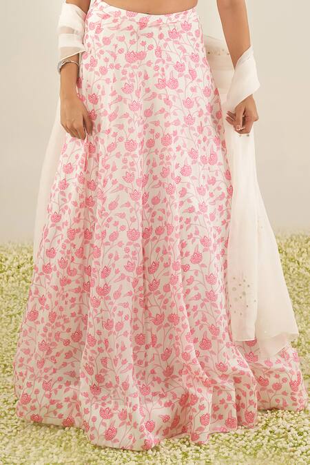 Shop_Essay By Sumedha Agrawal_White Organza Pearls, Mirrors, Beads High Lotus Vine Print Blouse Lehenga Set _Online_at_Aza_Fashions