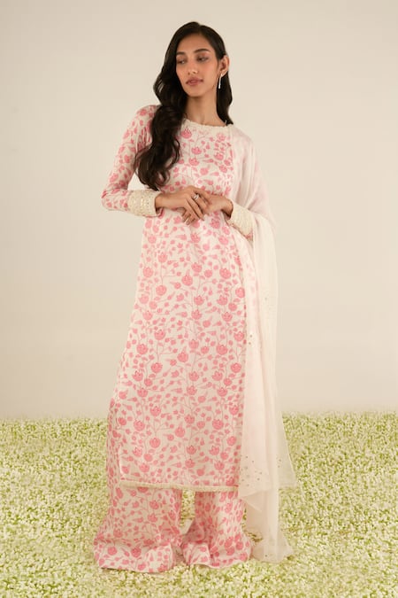 Essay by Sumedha Agrawal White Organza Satin Printed And Hand Embroidered Lotus Vine Straight Kurta Set 