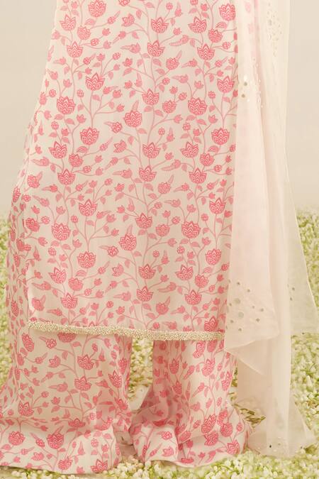 Essay By Sumedha Agrawal_White Organza, Satin Pearls, Beads Boat Neck Lotus Print Straight Kurta Set _Online_at_Aza_Fashions