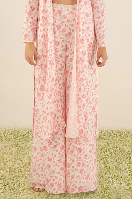 Essay By Sumedha Agrawal_White Georgette Pearls, Embroidery Square Neck Lotus Print Flared Palazzo Set _Online_at_Aza_Fashions