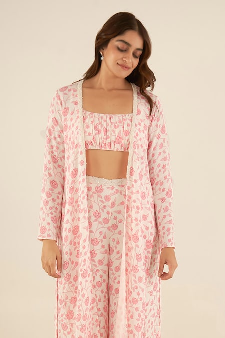 Buy_Essay By Sumedha Agrawal_White Georgette Pearls, Embroidery Square Neck Lotus Print Flared Palazzo Set _Online_at_Aza_Fashions