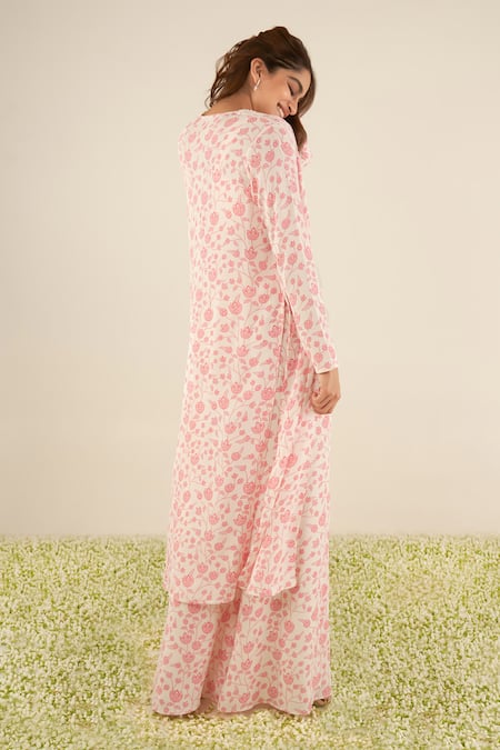 Shop_Essay By Sumedha Agrawal_White Georgette Pearls, Embroidery Square Neck Lotus Print Flared Palazzo Set _Online_at_Aza_Fashions