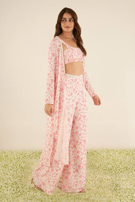 Essay By Sumedha Agrawal_White Georgette Pearls, Embroidery Square Neck Lotus Print Flared Palazzo Set _at_Aza_Fashions