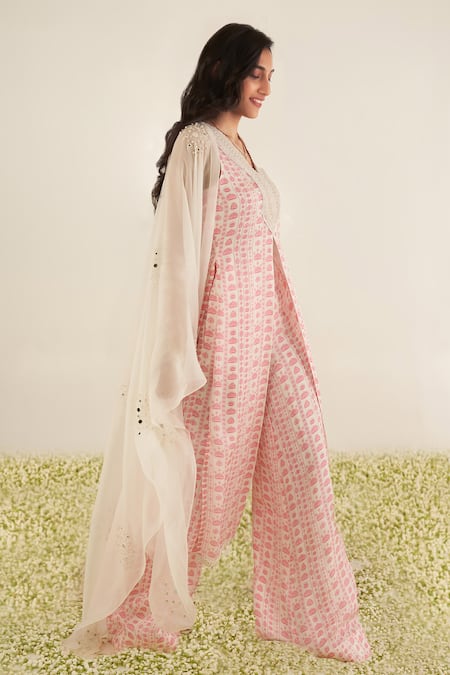 Essay By Sumedha Agrawal_White Organza Pearls, Embroidery, Beads V-neck Lotus Print High Slit Kurta Set _Online_at_Aza_Fashions