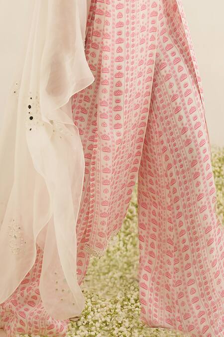 Buy_Essay By Sumedha Agrawal_White Organza Pearls, Embroidery, Beads V-neck Lotus Print High Slit Kurta Set _Online_at_Aza_Fashions