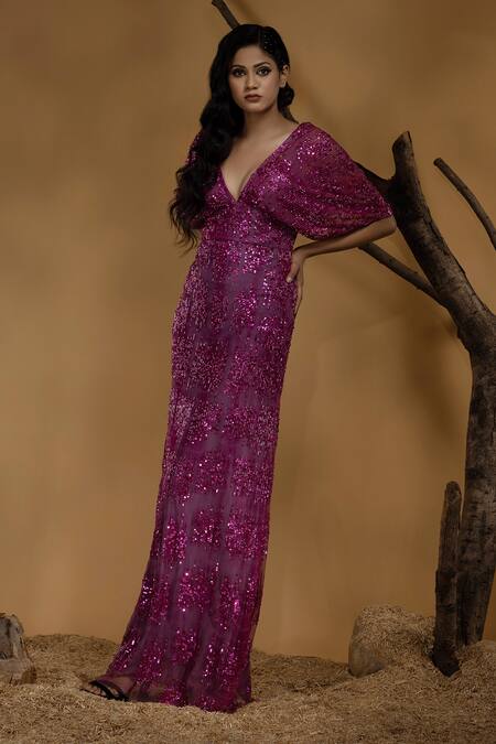 Ambrosia_Pink Satin, Nylon Sequins, Cut Work V-neck Abstract Hand Embellished Gown _Online_at_Aza_Fashions