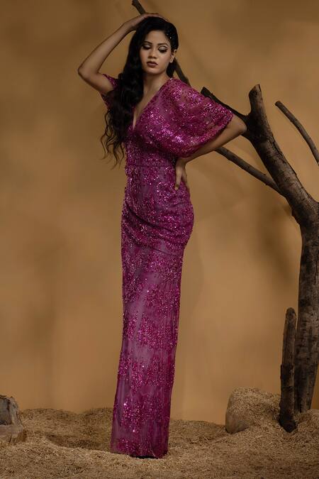 Buy_Ambrosia_Pink Satin, Nylon Sequins, Cut Work V-neck Abstract Hand Embellished Gown _Online_at_Aza_Fashions