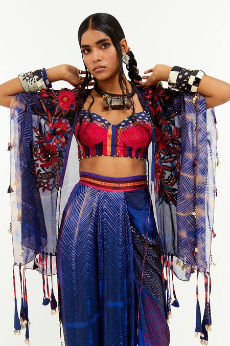 Aseem Kapoor Blue Cotton, Silk, Viscose Embroidery, Lace Sweetheart Veni Jacket Skirt Set at Aza Fashions Aseem Kapoor_Blue Cotton, Silk, Viscose Embroidery, Lace Sweetheart Veni Jacket Skirt Set _at_Aza_Fashions