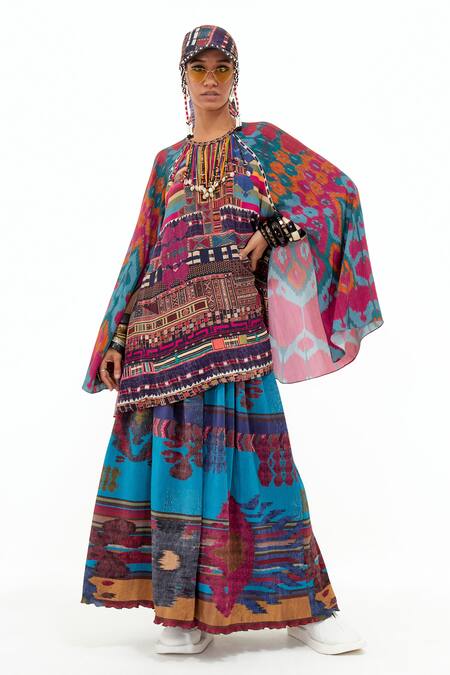 Shop_Aseem Kapoor_Multi Color Cotton, Crepe Embroidery Round Neck Mitra Kurta And Skirt Set_Online_at_Aza_Fashions