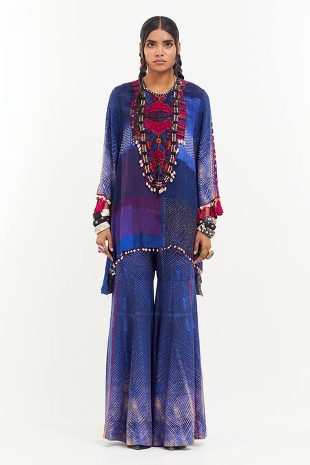 Aseem Kapoor Blue Crepe Embroidery Round Neck Mitra Kurta And Sharara Set Online at Aza Fashions Aseem Kapoor_Blue Crepe Embroidery Round Neck Mitra Kurta And Sharara Set _Online_at_Aza_Fashions