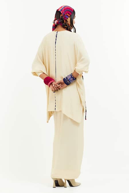 Shop_Aseem Kapoor_White Crepe, Satin Embroidery, Tassels Round Kuru Aari Kurta With Draped Skirt _at_Aza_Fashions