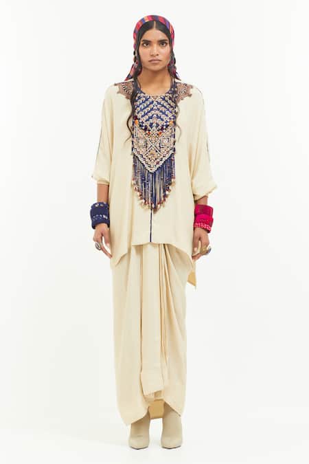 Aseem Kapoor_White Crepe, Satin Embroidery, Tassels Round Kuru Aari Kurta With Draped Skirt _Online_at_Aza_Fashions