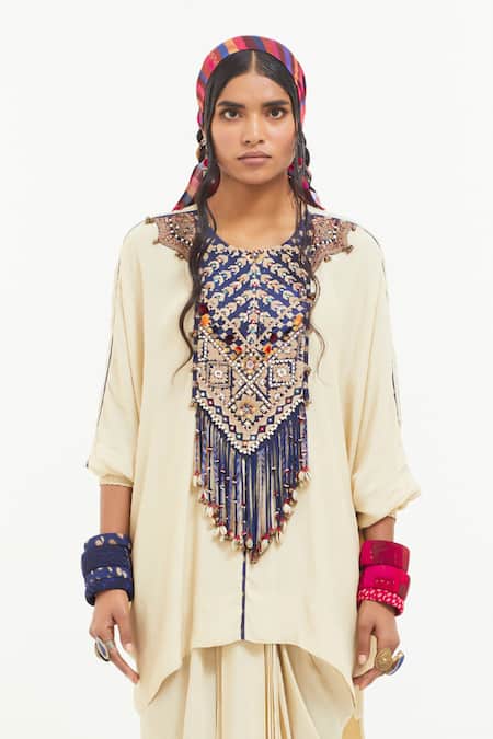 Buy_Aseem Kapoor_White Crepe, Satin Embroidery, Tassels Round Kuru Aari Kurta With Draped Skirt _Online_at_Aza_Fashions