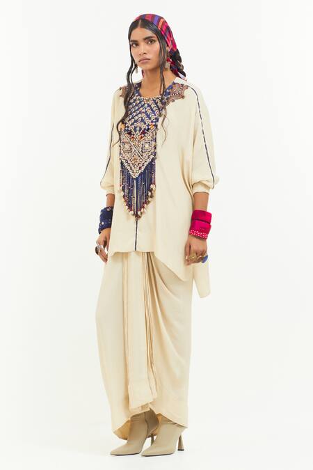 Shop_Aseem Kapoor_White Crepe, Satin Embroidery, Tassels Round Kuru Aari Kurta With Draped Skirt _Online_at_Aza_Fashions