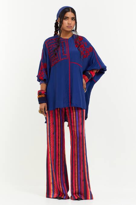 Aseem Kapoor Blue Cotton Embroidery, Sequins Round Neck Mandala Aari Flared Top Online at Aza Fashions Aseem Kapoor_Blue Cotton Embroidery, Sequins Round Neck Mandala Aari Flared Top _Online_at_Aza_Fashions