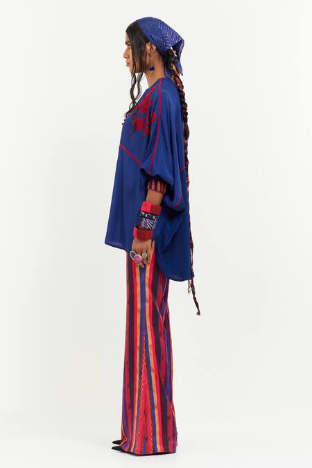 Shop Aseem Kapoor Blue Cotton Embroidery, Sequins Round Neck Mandala Aari Flared Top Online at Aza Fashions Shop_Aseem Kapoor_Blue Cotton Embroidery, Sequins Round Neck Mandala Aari Flared Top _Online_at_Aza_Fashions