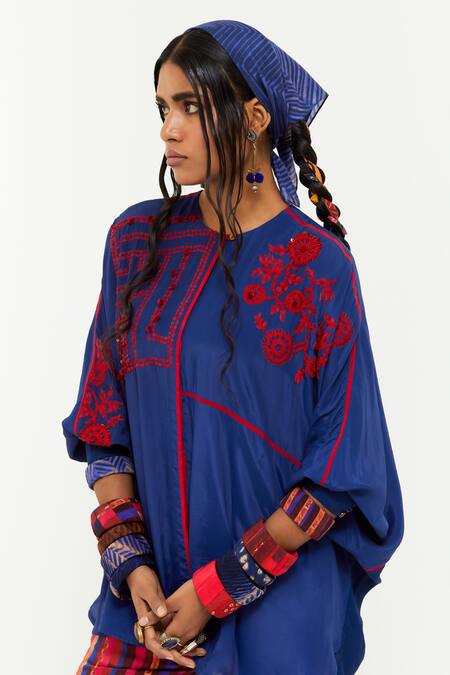 Aseem Kapoor Blue Cotton Embroidery, Sequins Round Neck Mandala Aari Flared Top at Aza Fashions Aseem Kapoor_Blue Cotton Embroidery, Sequins Round Neck Mandala Aari Flared Top _at_Aza_Fashions