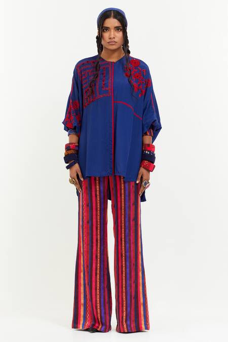 Shop Aseem Kapoor Blue Embroidery, Sequins Round Neck Mandala Aari Work Top With Printed Pant Online at Aza Fashions Shop_Aseem Kapoor_Blue Embroidery, Sequins Round Neck Mandala Aari Work Top With Printed Pant _Online_at_Aza_Fashions