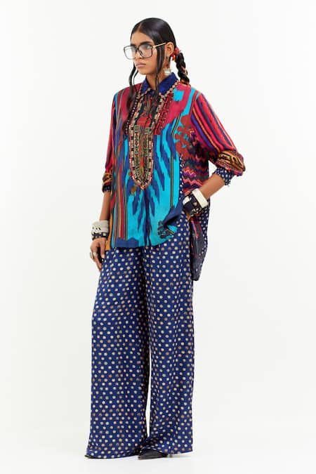 Aseem Kapoor Multi Color Silk, Polyester Embroidery Atri Geometric Print Shirt With Pant Online at Aza Fashions Aseem Kapoor_Multi Color Silk, Polyester Embroidery Atri Geometric Print Shirt With Pant _Online_at_Aza_Fashions