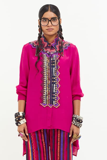 Buy Aseem Kapoor Pink Silk, Crepe, Satin Sequins, Atri Embellished Asymmetric Shirt With Pant Online at Aza Fashions Buy_Aseem Kapoor_Pink Silk, Crepe, Satin Sequins, Atri Embellished Asymmetric Shirt With Pant _Online_at_Aza_Fashions