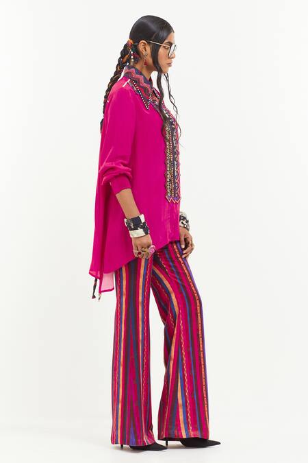 Shop Aseem Kapoor Pink Silk, Crepe, Satin Sequins, Atri Embellished Asymmetric Shirt With Pant Shop_Aseem Kapoor_Pink Silk, Crepe, Satin Sequins, Atri Embellished Asymmetric Shirt With Pant
