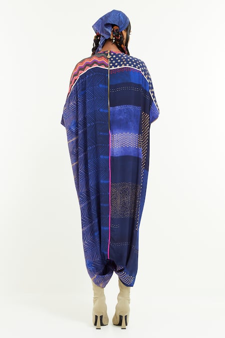 Shop Aseem Kapoor Blue Crepe Embroidery Round Neck Vayu Geometric Print Flared Jumpsuit at Aza Fashions Shop_Aseem Kapoor_Blue Crepe Embroidery Round Neck Vayu Geometric Print Flared Jumpsuit _at_Aza_Fashions