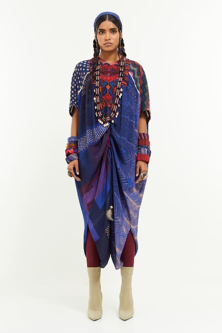 Aseem Kapoor Blue Crepe Embroidery Round Neck Vayu Geometric Print Flared Jumpsuit Online at Aza Fashions Aseem Kapoor_Blue Crepe Embroidery Round Neck Vayu Geometric Print Flared Jumpsuit _Online_at_Aza_Fashions