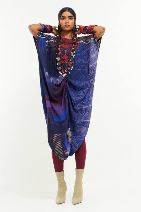 Shop Aseem Kapoor Blue Crepe Embroidery Round Neck Vayu Geometric Print Flared Jumpsuit Online at Aza Fashions Shop_Aseem Kapoor_Blue Crepe Embroidery Round Neck Vayu Geometric Print Flared Jumpsuit _Online_at_Aza_Fashions