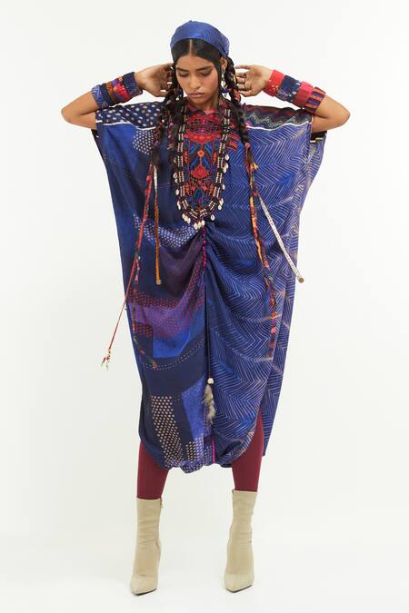 Aseem Kapoor Blue Crepe Embroidery Round Neck Vayu Geometric Print Flared Jumpsuit at Aza Fashions Aseem Kapoor_Blue Crepe Embroidery Round Neck Vayu Geometric Print Flared Jumpsuit _at_Aza_Fashions