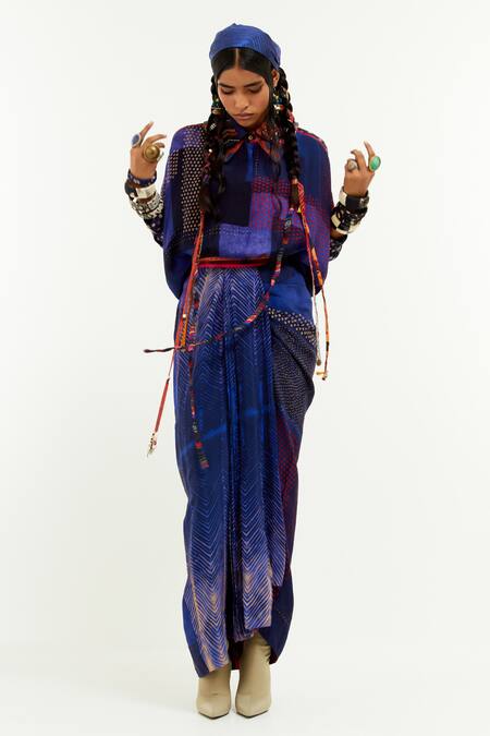 Aseem Kapoor Blue Muslin Sequins, Beads Mandala Printed Shirt With Draped Skirt Online at Aza Fashions Aseem Kapoor_Blue Muslin Sequins, Beads Mandala Printed Shirt With Draped Skirt _Online_at_Aza_Fashions