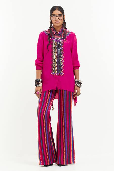 Aseem Kapoor Pink Crepe Sequins, Beads Shawl Neck Atri Embellished Asymmetric Shirt Online at Aza Fashions Aseem Kapoor_Pink Crepe Sequins, Beads Shawl Neck Atri Embellished Asymmetric Shirt _Online_at_Aza_Fashions