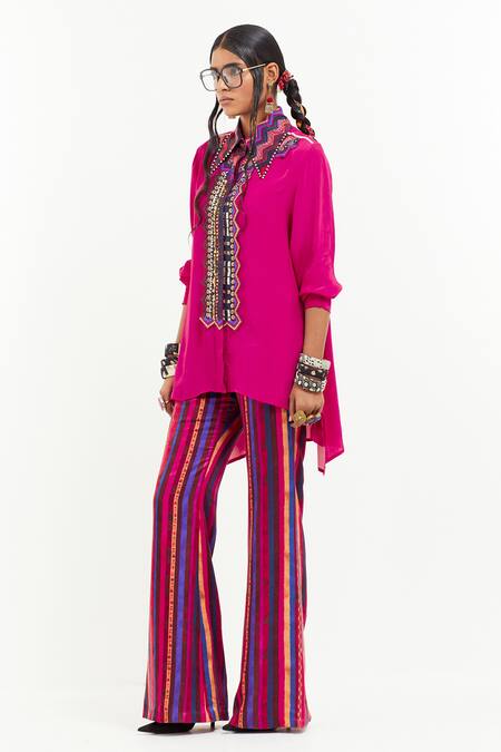 Shop Aseem Kapoor Pink Crepe Sequins, Beads Shawl Neck Atri Embellished Asymmetric Shirt Online at Aza Fashions Shop_Aseem Kapoor_Pink Crepe Sequins, Beads Shawl Neck Atri Embellished Asymmetric Shirt _Online_at_Aza_Fashions