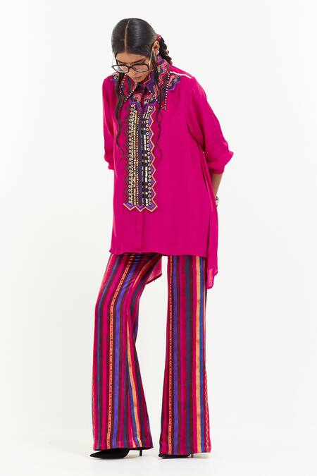 Aseem Kapoor Pink Crepe Sequins, Beads Shawl Neck Atri Embellished Asymmetric Shirt at Aza Fashions Aseem Kapoor_Pink Crepe Sequins, Beads Shawl Neck Atri Embellished Asymmetric Shirt _at_Aza_Fashions