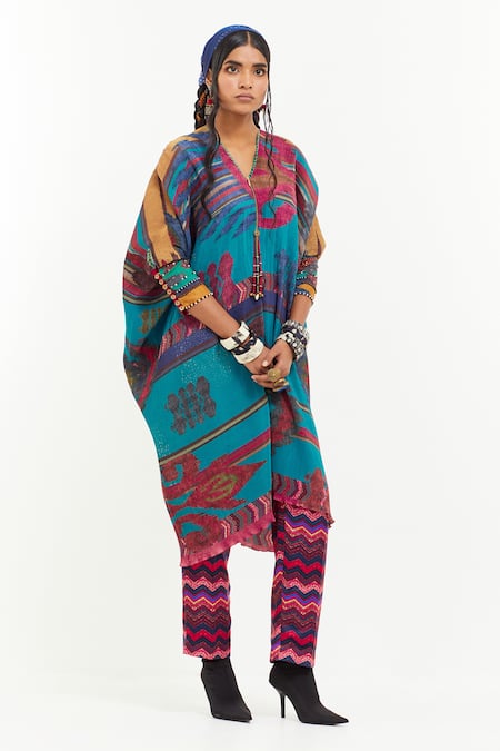 Aseem Kapoor Multi Color Crepe Beads, Sequins V-neck Geometric Print Kaftan Tunic at Aza Fashions Aseem Kapoor_Multi Color Crepe Beads, Sequins V-neck Geometric Print Kaftan Tunic_at_Aza_Fashions