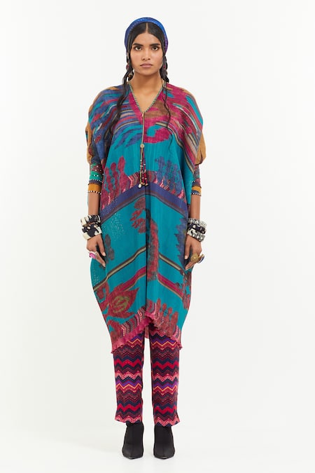 Buy Aseem Kapoor Multi Color Crepe, Satin Beads, Geometric Print Kaftan Tunic With Trouser Online at Aza Fashions Buy_Aseem Kapoor_Multi Color Crepe, Satin Beads, Geometric Print Kaftan Tunic With Trouser _Online_at_Aza_Fashions