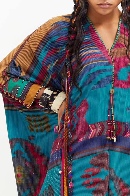 Shop Aseem Kapoor Multi Color Crepe, Satin Beads, Geometric Print Kaftan Tunic With Trouser Online at Aza Fashions Shop_Aseem Kapoor_Multi Color Crepe, Satin Beads, Geometric Print Kaftan Tunic With Trouser _Online_at_Aza_Fashions