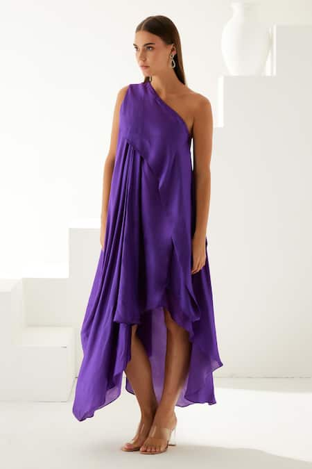 Buy_Wear Jaja_Purple Modal One Shoulder High-low Draped Solid Dress_Online_at_Aza_Fashions