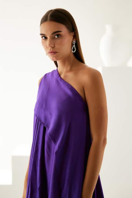 Shop_Wear Jaja_Purple Modal One Shoulder High-low Draped Solid Dress_Online_at_Aza_Fashions