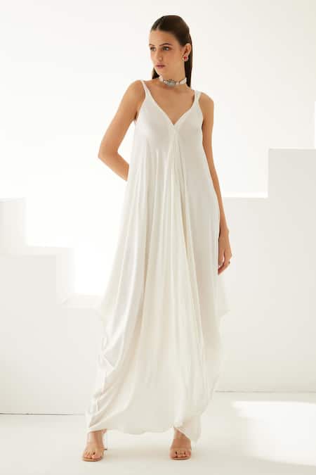 Wear Jaja_White Modal V-neck Flowy Asymmetric Dress_Online_at_Aza_Fashions