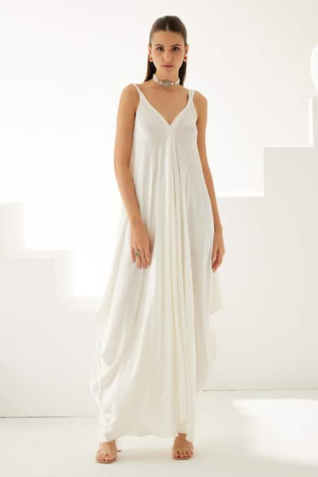 Buy_Wear Jaja_White Modal V-neck Flowy Asymmetric Dress_Online_at_Aza_Fashions
